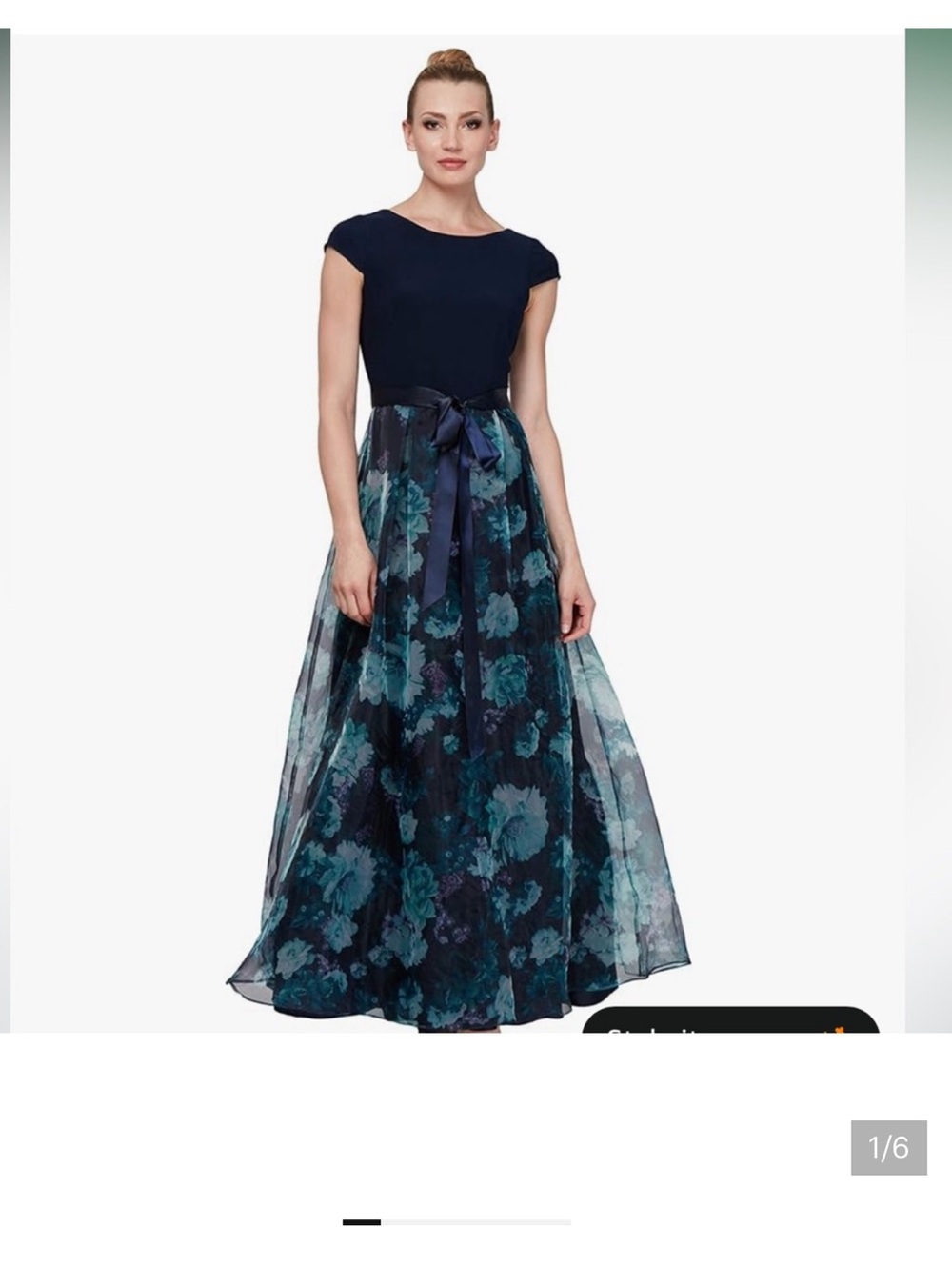 SLNY Navy Bodice Maxi Dress with Teal Floral Organza Skirt